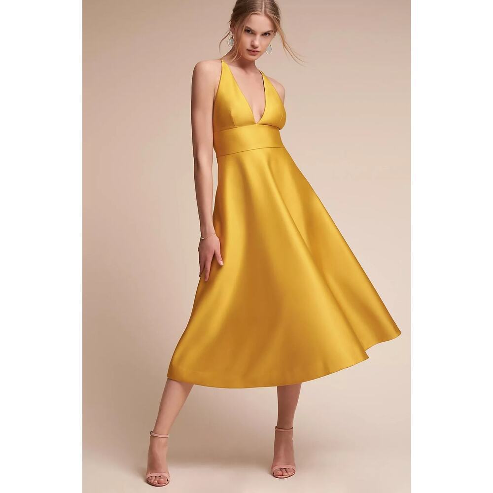 Anthropologie BHLDN Shelby A Line Midi Dress Size 2 Satin Yellow Wedding Formal